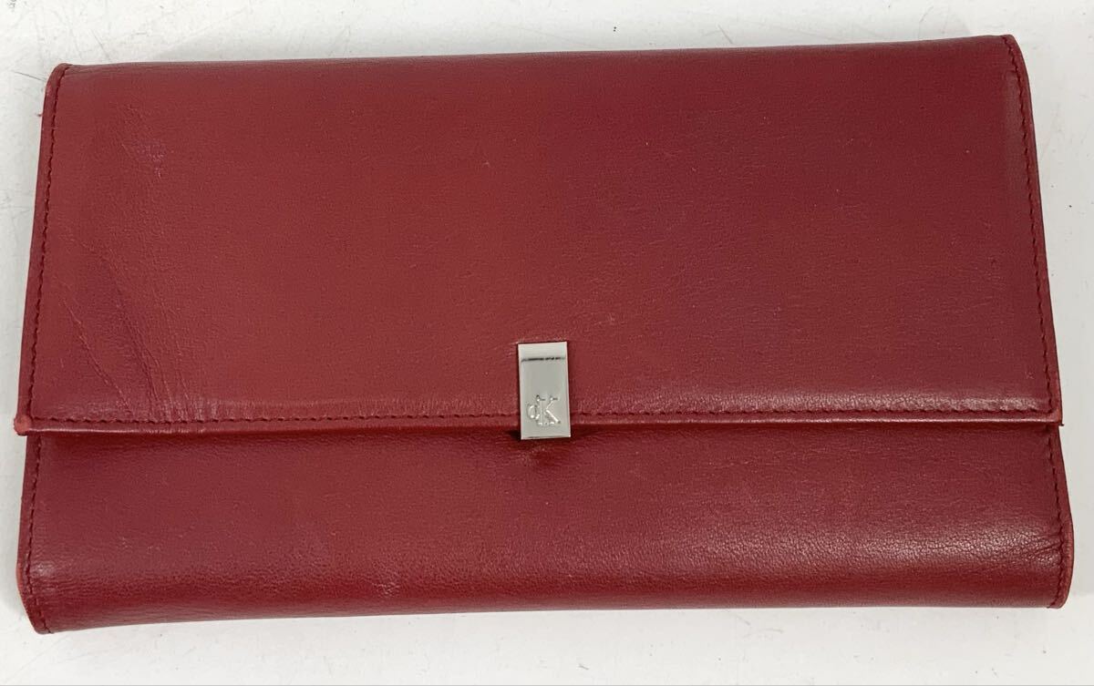 【14】財布　三つ折り長財布　カルバンクライン　Calvin Klein　レッド　レザー　レディース　CKロゴ金具　ロングウォレット　中古