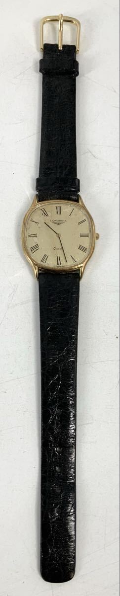 【12】時計　腕時計　ロンジン　LONGINES　現状品　メンズ　アナログ　クォーツ　ブラック　レザーベルト　オールド　ゴールド文字盤　中古