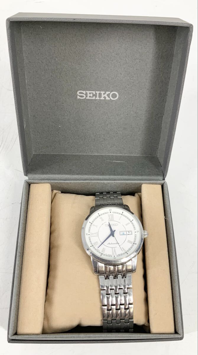 【19】時計　腕時計　セイコー SEIKO プレサージュ　4R36-00Y0　現状品　シルバー　メンズ　自動巻き　デイデイト　裏スケ　箱、付属品付き