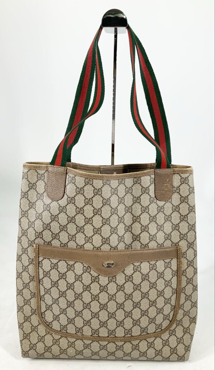 【14】ハンドバッグ　トートバッグ　オールドグッチ　GUCCI　39.02.003　GGスプリーム　シェリーライン　ベージュ　総柄　レディース　中古