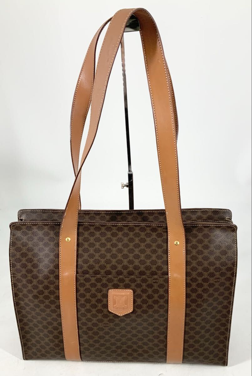 【26】ハンドバッグ　トートバッグ　セリーヌ　CELINE　オールド　マカダム柄　ブラウン　トリオンフ　レディース　総柄　レザー　中古