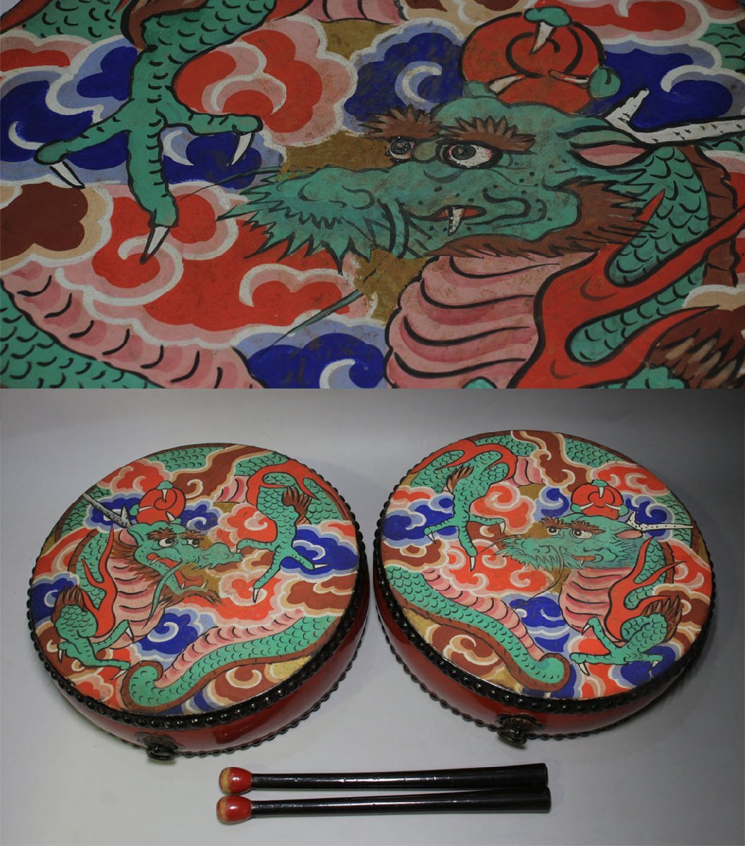 時代市場┃雲龍彩色 仙法太鼓1.1尺 二個 バチ付┃寺院仏具・仏像・仏教美術