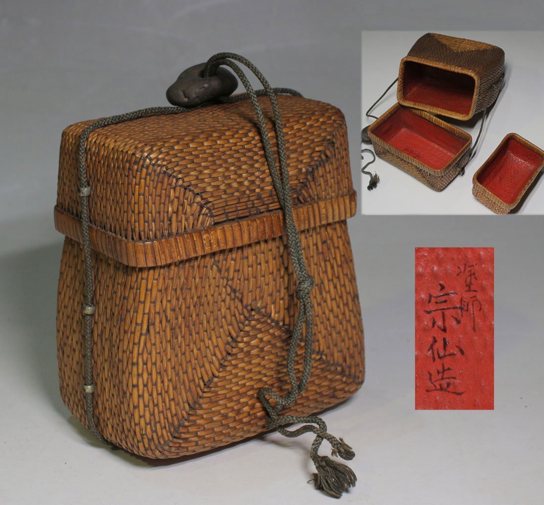 時代市場┃江戸期伝承品┃水口細工 塗師宗仙在銘 極細密葛籠編┃手工芸品・献上品
