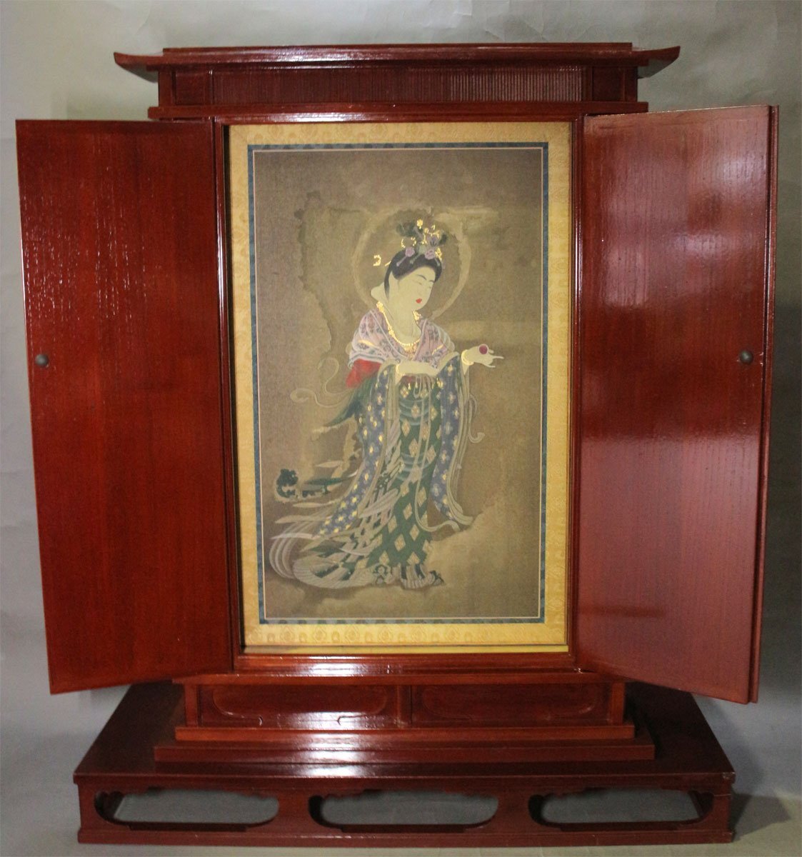 時代市場┃美麗┃溜塗春日厨子 全高87㎝ 法相宗大本山薬師寺吉祥天女画板額入┃仏具・仏像・仏教美術