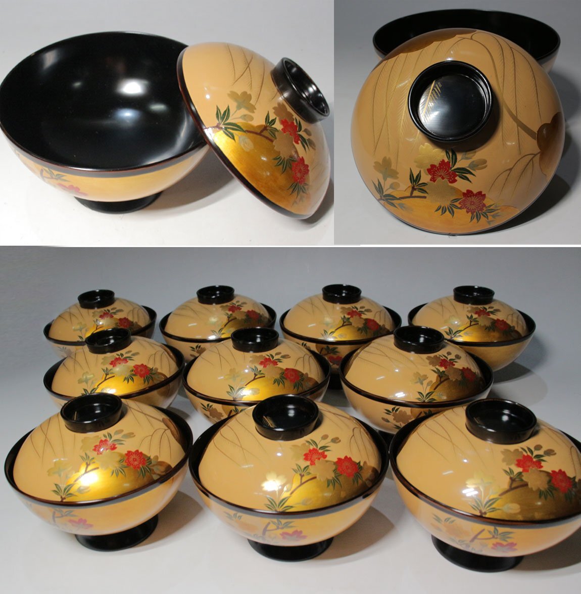 時代市場┃美品┃輪島塗┃白漆柳桜蒔絵椀10客揃┃漆芸品・和食器