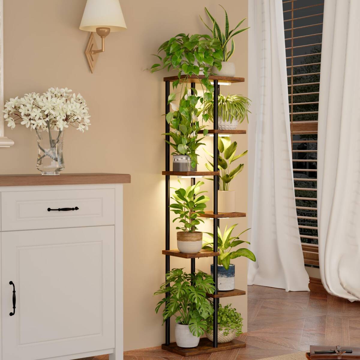 Bamworld フラワースタンド 植物育成ライト付き プランタースタンド 7段花台 観葉植物台 おしゃれ 植物 棚 植木鉢台mt