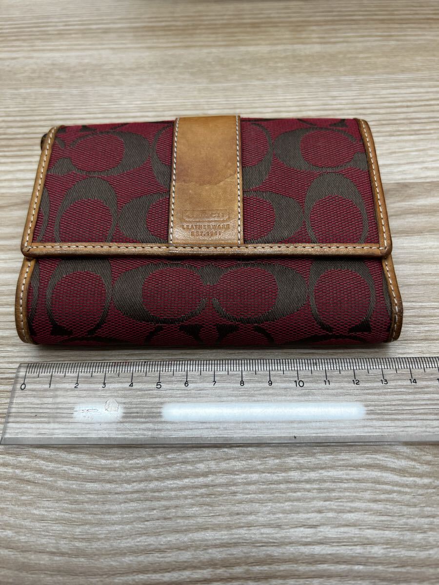 【1円スタート】 COACH コーチ シグネチャー 二つ折り財布 財布 ベージュ×レッド キャンバス ウォレット レザー