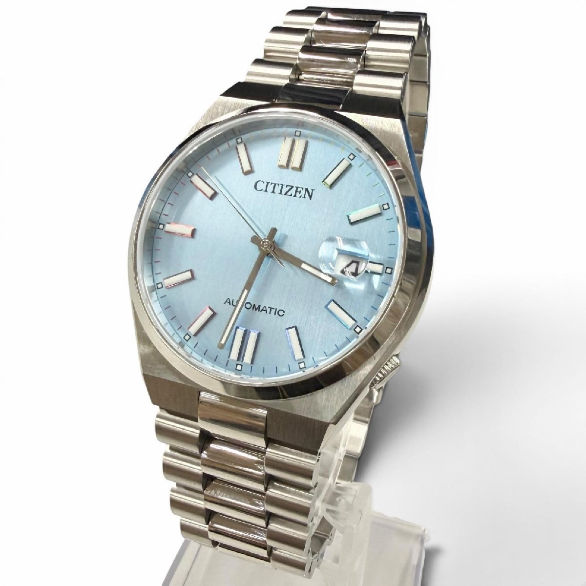 未使用品□CITIZEN シチズン 8210-S126967 TSUYOSA アナログ 機械式 自動巻き 3針 日付機能付き 腕時計 シルバー アイスブルー 37mm