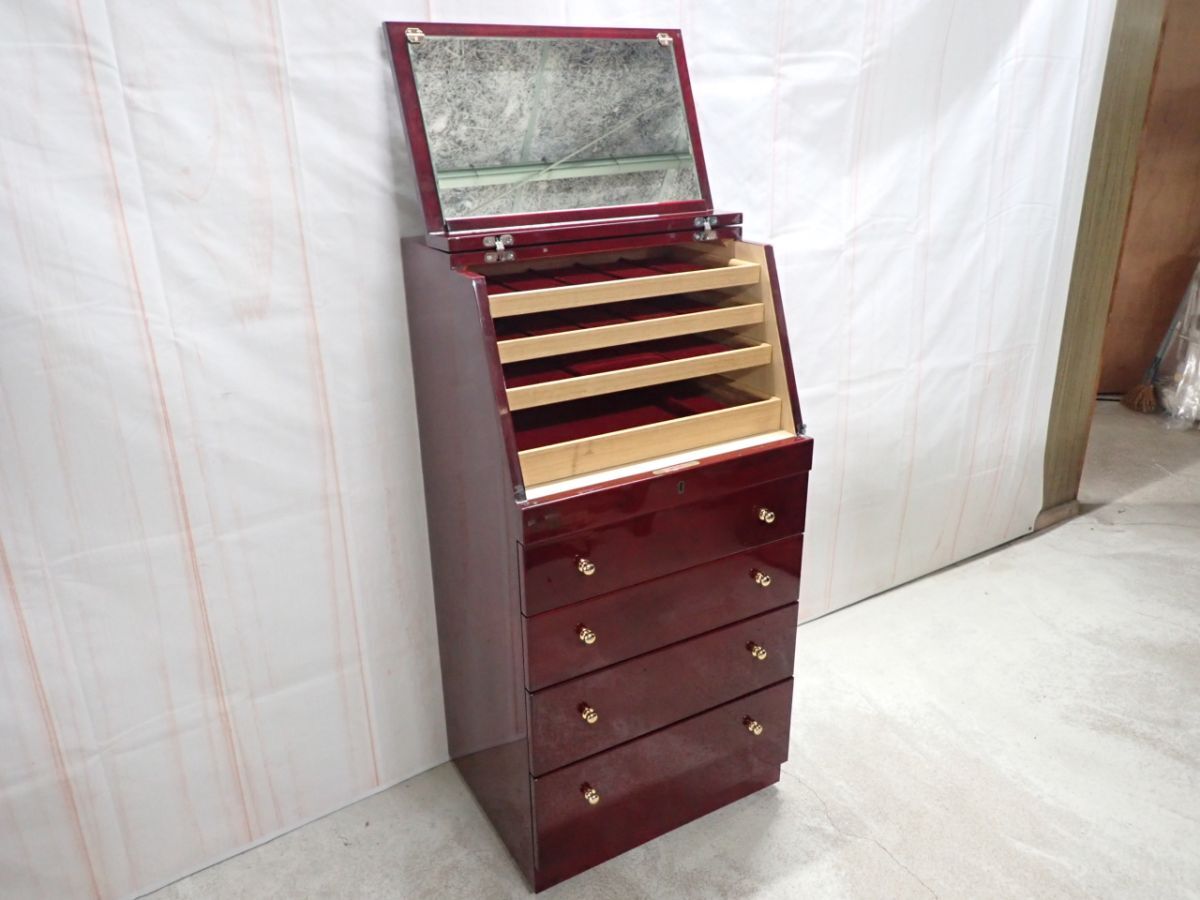 三MI211/家〇Kit Furniture キットファニチュア 北谷家具 ジュエリーチェスト アクセサリーキャビネット 仔山羊革張り 桐製家具 中古品〇
