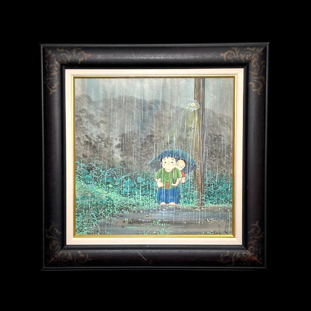(8-44796) 開田風童 おかあちゃんまだかな 6号 水彩 肉筆 原画 直筆サイン 絵画 額装 真作【緑和堂】