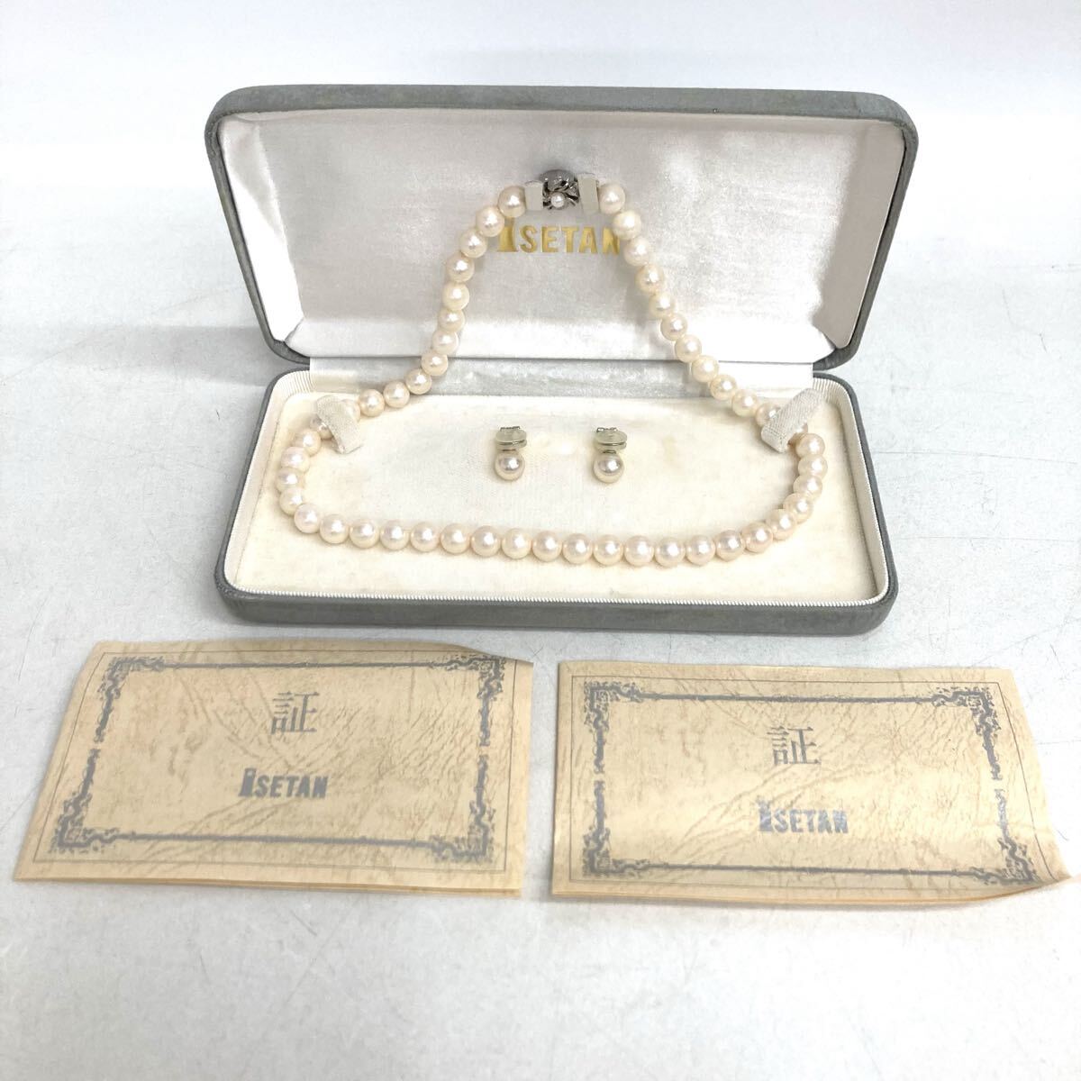 SH★ 1円スタート 保管品 本真珠 パール SILVER刻印 ネックレス＋K14WG イヤリング セット 約8.2mm ケース付き