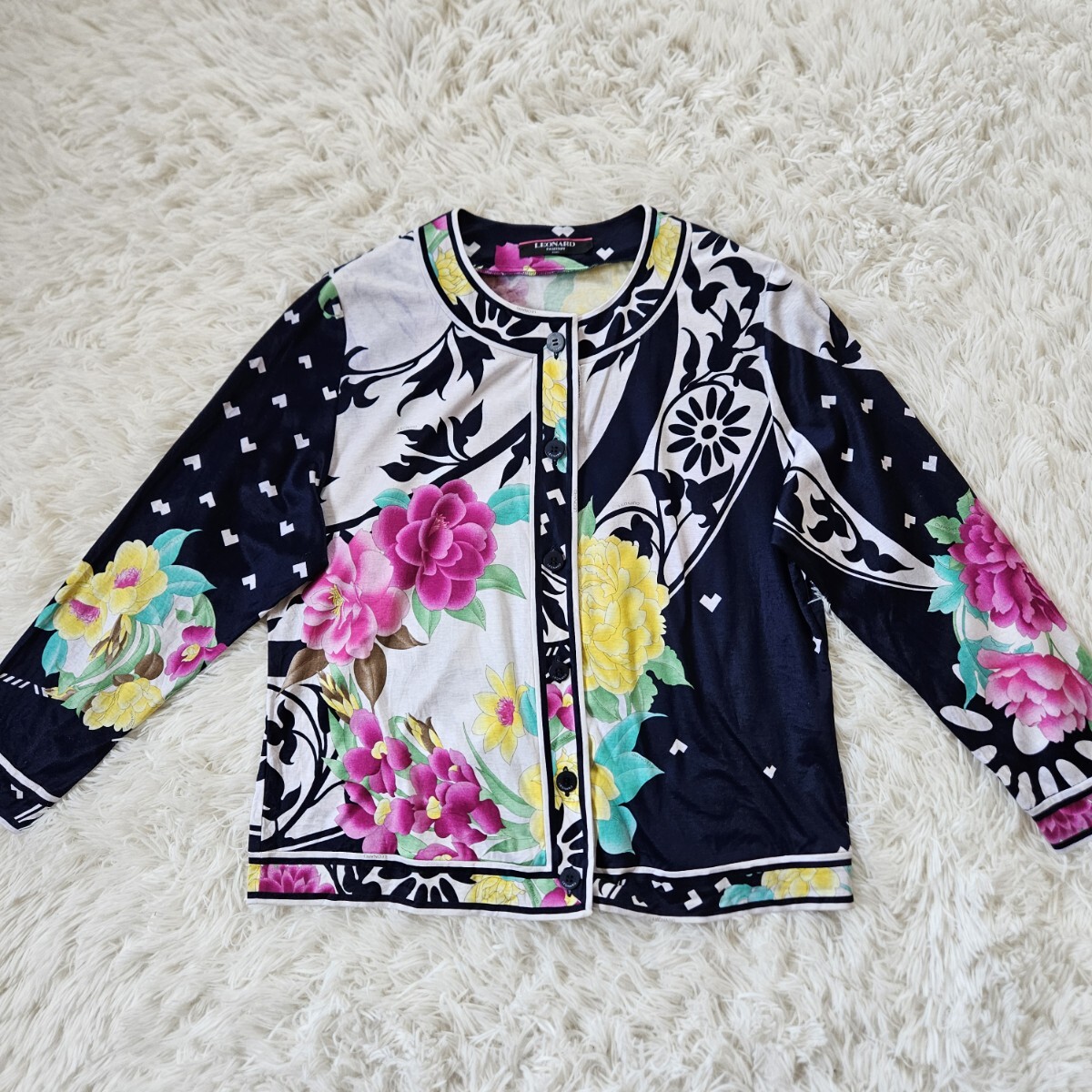 【希少LLサイズ】LEONARD レオナール カットソージャケット ノーカラージャケット カーディガン 花柄 ペイズリー柄 日本製