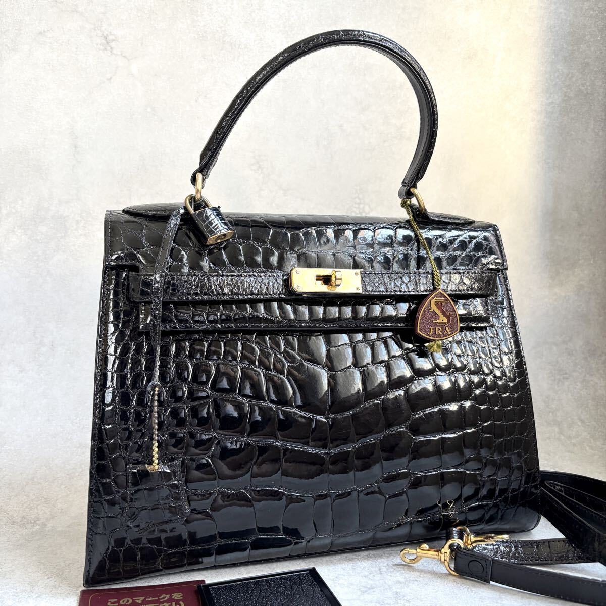超美品/2way センター取り シャイニングクロコ ハンドバッグ ショルダー ブラック 黒 クロコダイル ゴールド金具 リアルワニ革 鰐 