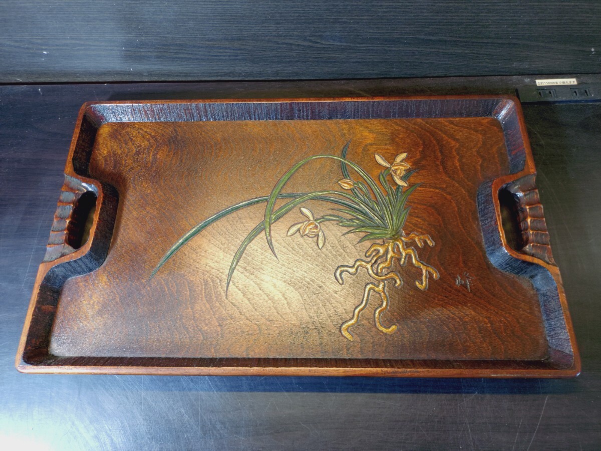 お盆 木製 長手盆 花柄 峰
