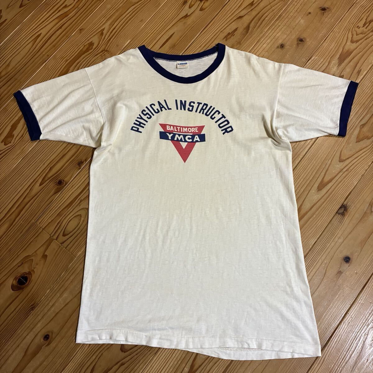 染み込みプリント☆70s USA製 バータグ チャンピオン リンガーTシャツ L 白 ナス紺 ビンテージ ビッグサイズ YMCA トリム 初期 60s