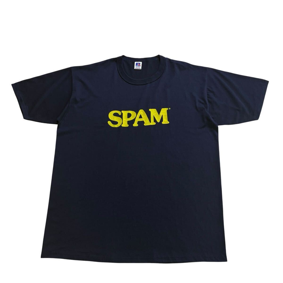 デッドストック☆ビッグサイズ 80s 90s USA製 Russell SPAM Tシャツ XL 46-48 紺 黄色 ビンテージ プリント シングルステッチ ロゴ 企業物