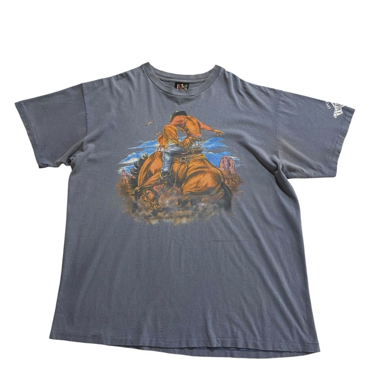 ビッグサイズ☆80s 90s USA製 3D EMBLEM Tシャツ XL ブルーグレー ビンテージ カウボーイ 馬 ハーレーダビッドソン フェード コットン