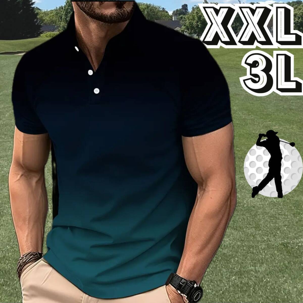 メンズ ゴルフウェア ポロシャツ 春夏 半袖 シャツ ブラック 黒 グラデーション シンプル 春 夏 大きい サイズ XXL 3L 2XL★スポーツウェア