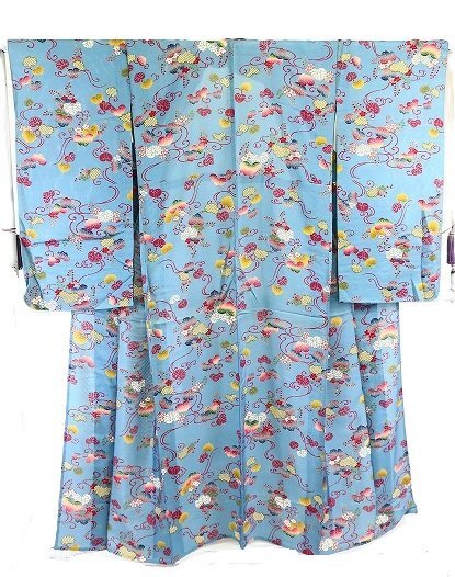 アンティーク 振袖 絽 水色 葵 萩 身丈150.5cm 裄丈61.5cm 大正ロマン レトロ 結婚式 着物フィ 21957