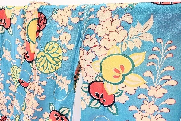 未使用品 アンティーク 単衣 小紋 身丈141.5cm くすみ水色 大正ロマン レトロ 正絹 仕立て上がり kimono 着物フィ 21787