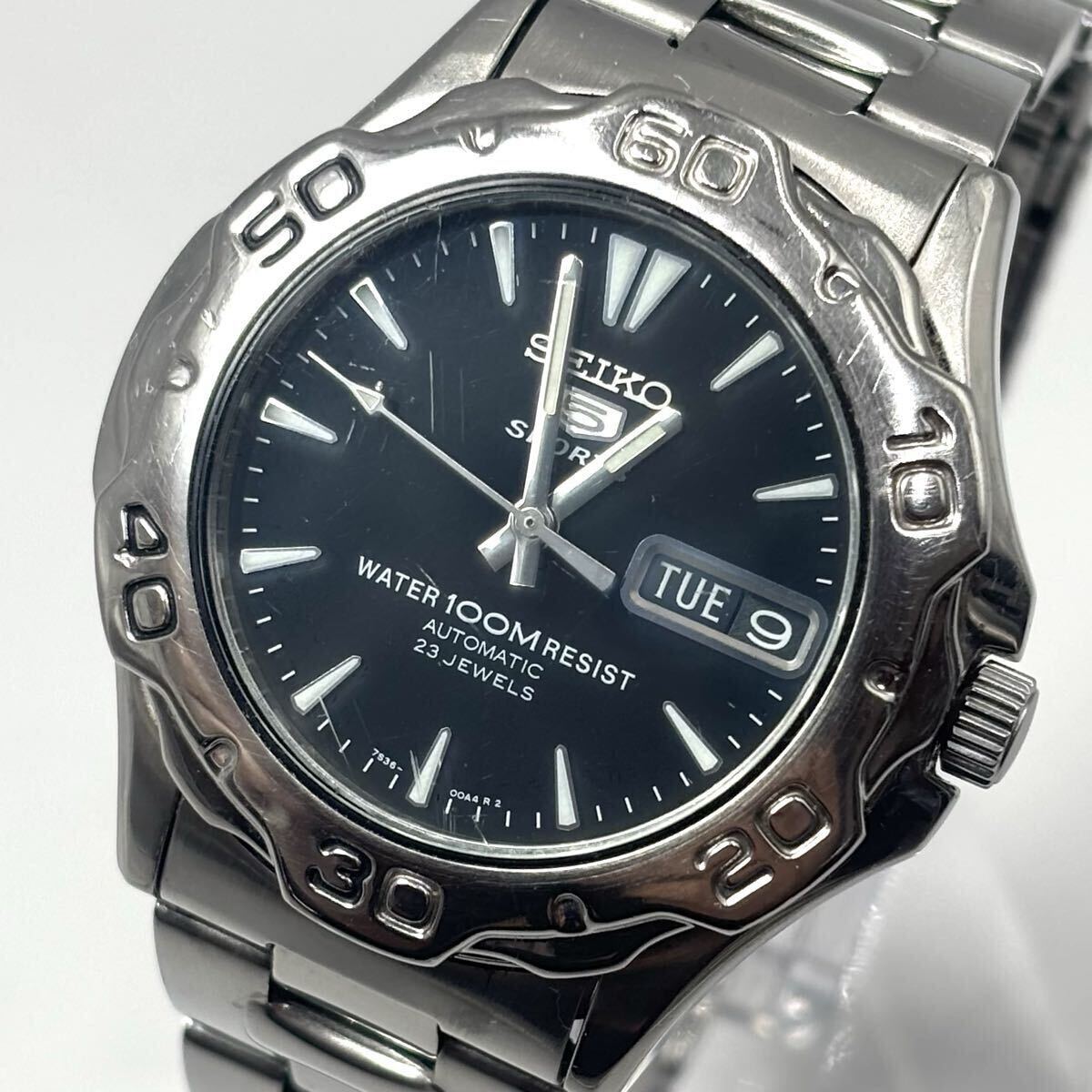 【稼働】SEIKO セイコー スポーツ 5 腕時計 AT オート 自動巻 シルバー 文字盤ブラック 裏スケ デイデイト ラウンド メンズ 型番:7S36-00A0
