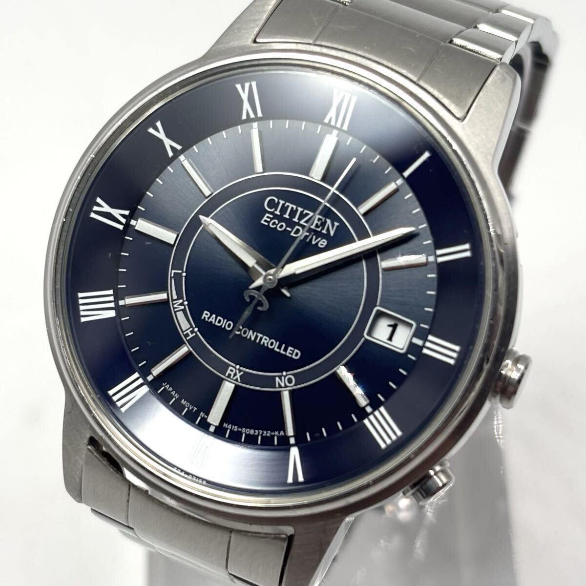 【稼働/美品】CITIZEN シチズン 腕時計 電波ソーラー エコドライブ シルバー 文字盤:ブルー ラウンド デイト メンズ 型番:H415-S054541