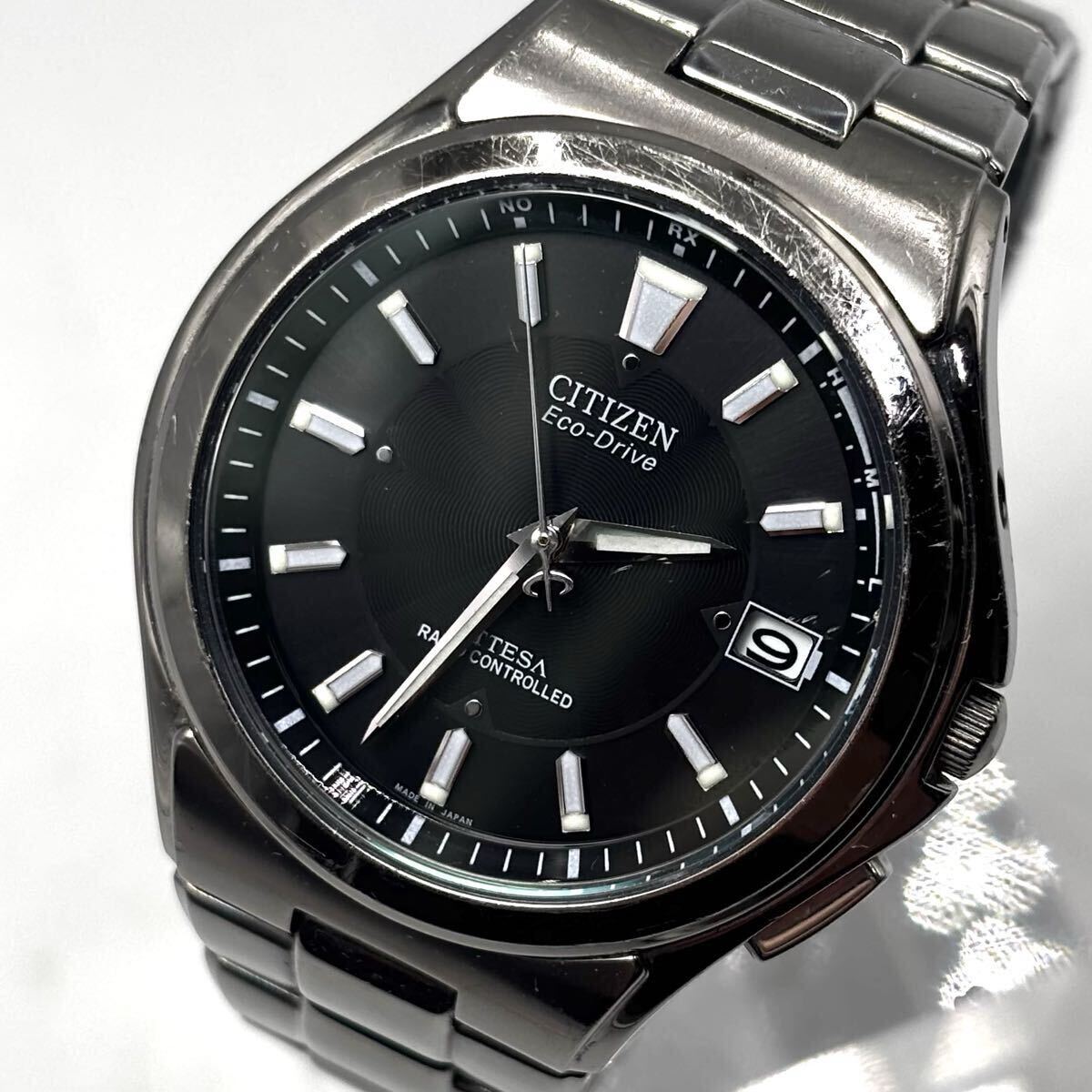 【稼働/美品】CITIZEN シチズン ATTESA アテッサ 腕時計 電波ソーラー エコドライブ シルバー 文字盤:ブラック メンズ 型番:H110-T011331