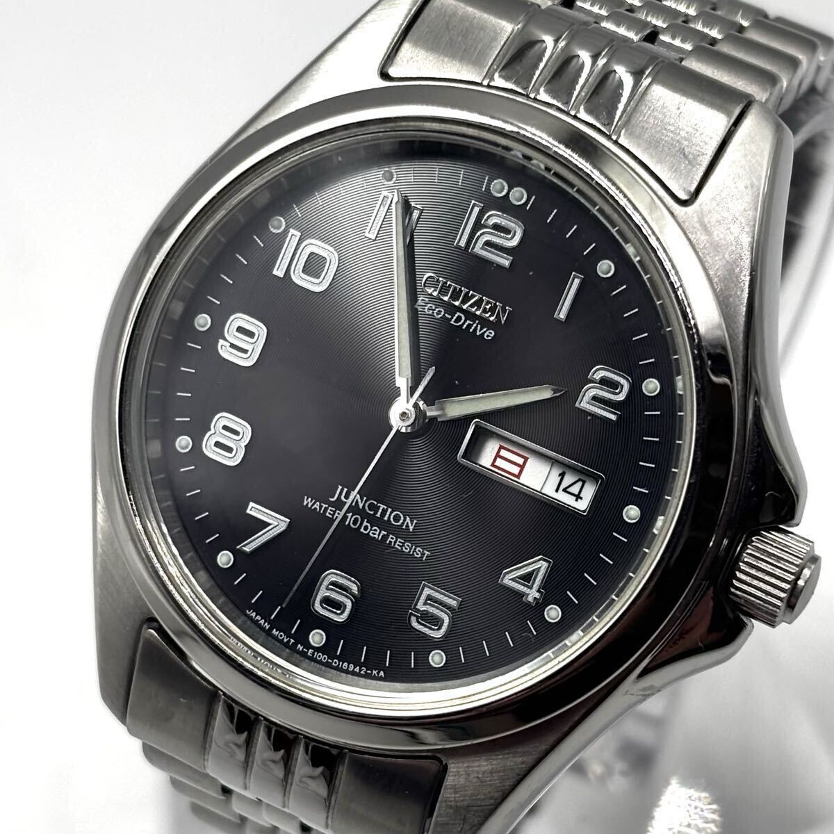 【稼働/美品】CITIZEN シチズン 腕時計 電波ソーラー シルバー 文字盤:ブラック メンズ 型番:E100-S96371