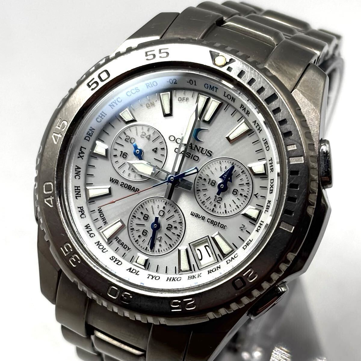 【稼働/美品】CASIO カシオ OCEANUS オシアナス 腕時計 電波ソーラー クロノグラフ シルバー 文字盤:ホワイト 3針 メンズ 型番:OCW-650T