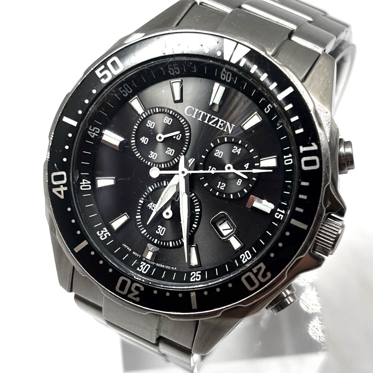 【稼働/美品】CITIZEN シチズン 腕時計 ソーラー エコドライブ シルバー 文字盤:ブラック ラウンド デイデイト メンズ 型番:H500-S064538