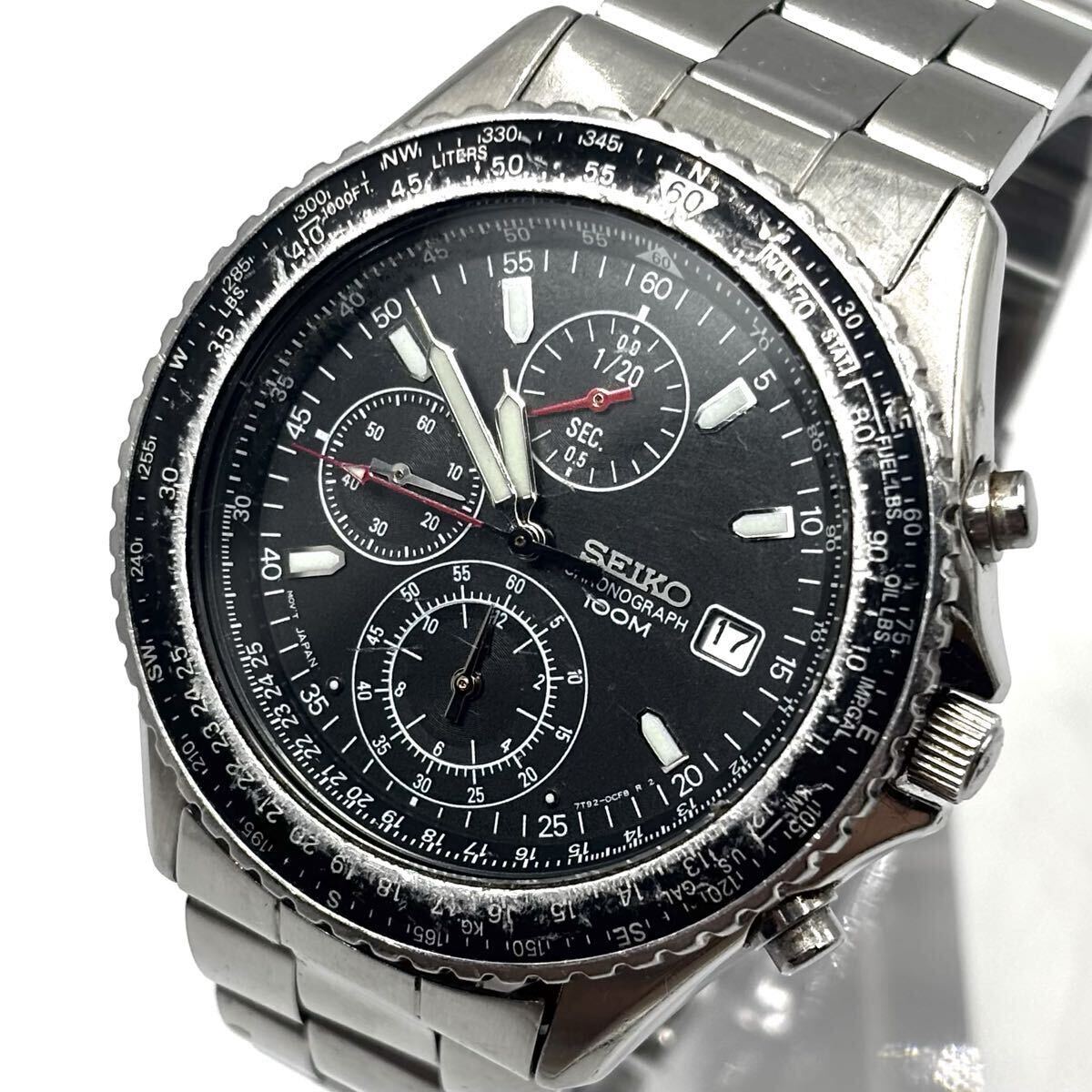 【稼働/新品電池】SEIKO セイコー フライトマスター パイロット 腕時計 シルバー 文字盤ブラック クロノグラフ メンズ 型番:7T92-0CF0