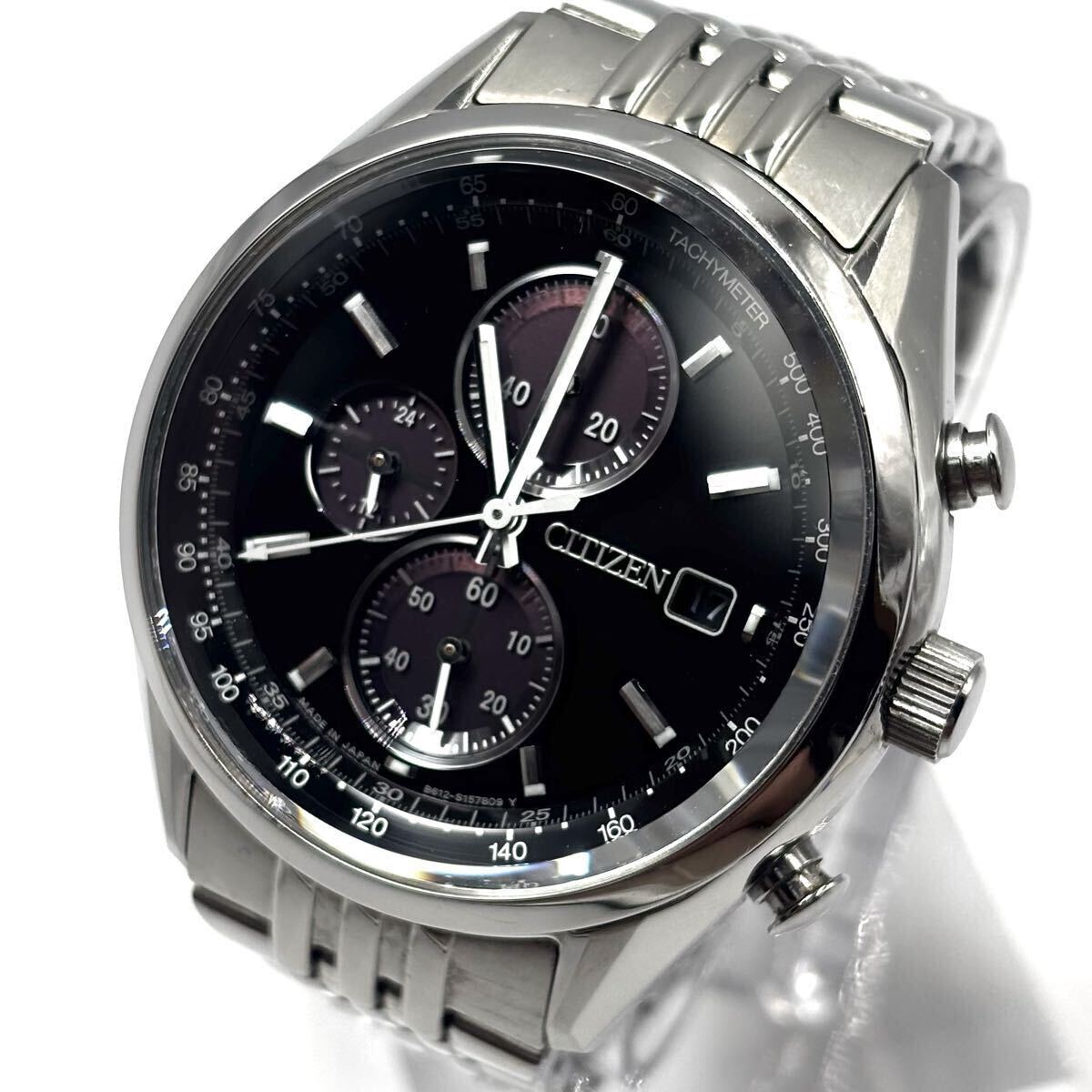 【稼働/美品】CITIZEN シチズン 腕時計 電波ソーラー エコドライブ クロノグラフ シルバー 文字盤:ブラック メンズ 型番:B612-S114837