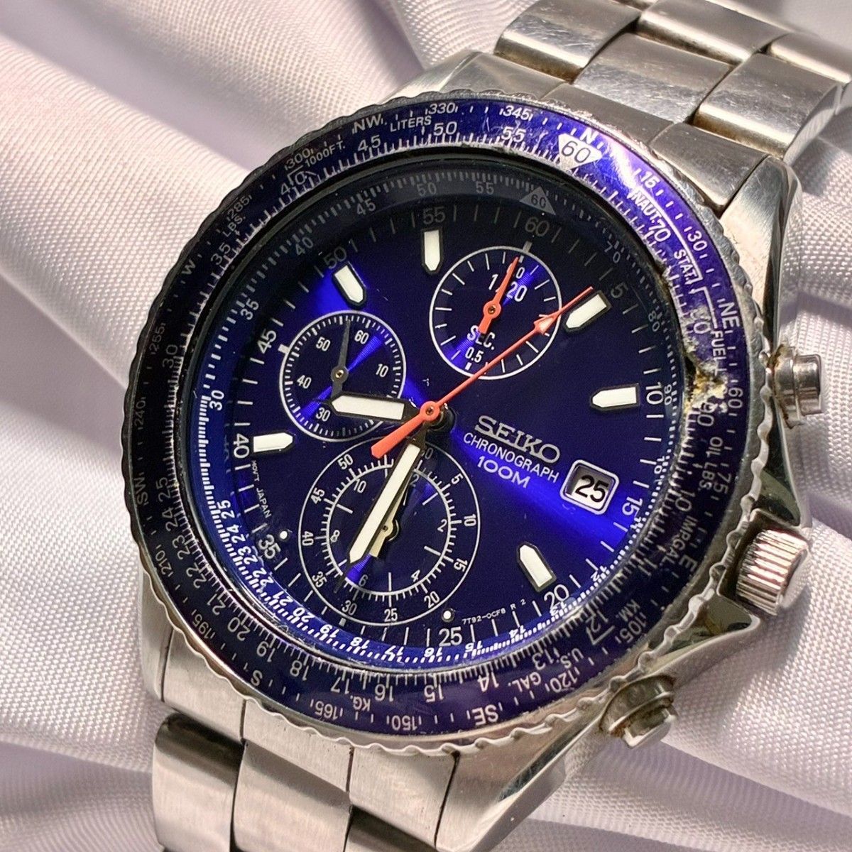 【稼働 新品電池】 セイコー SEIKO 7T92-0CF0 クオーツ クロノグラフ ブルー文字盤 デイト 腕時計