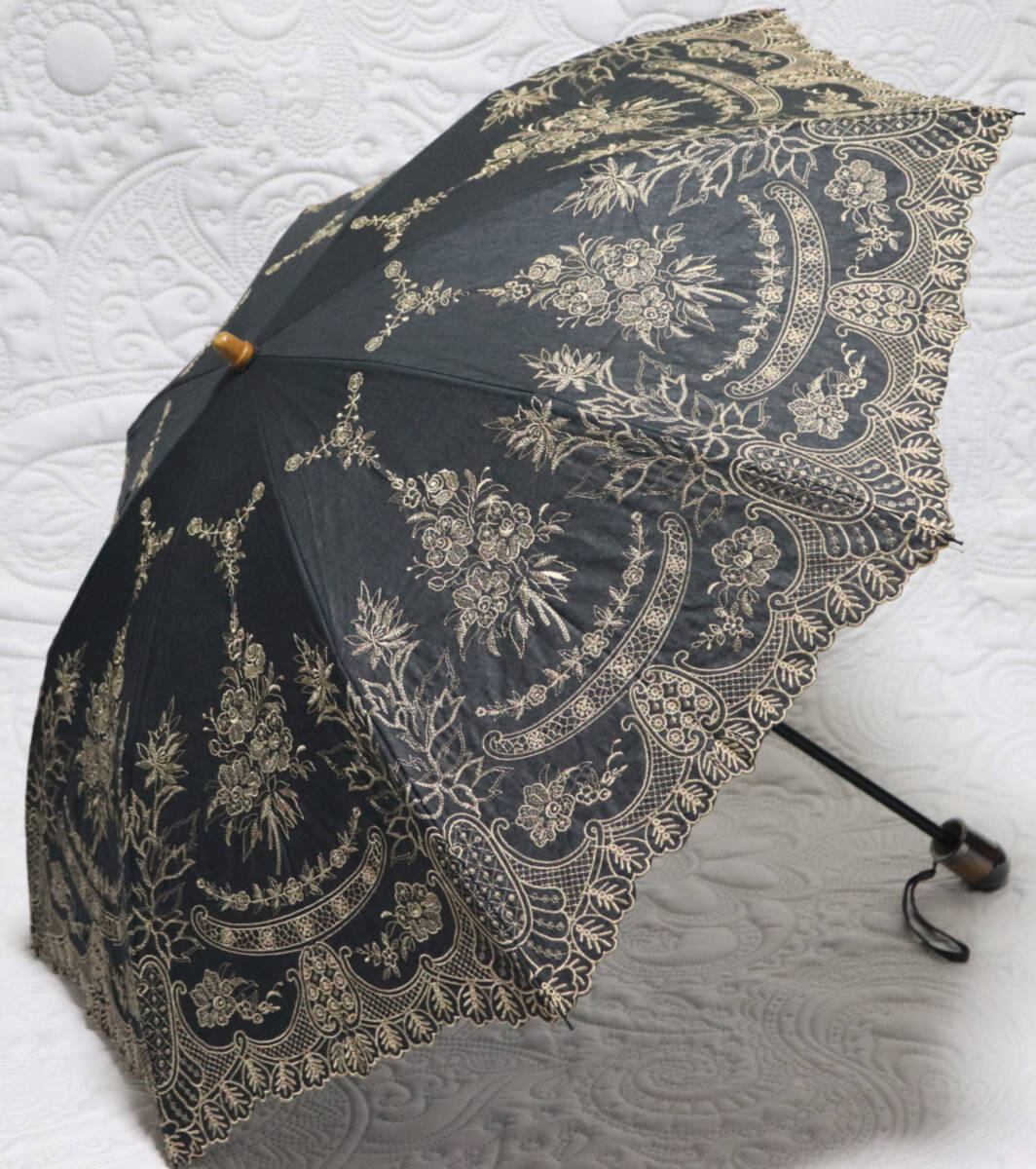 新品【晴雨兼用 折りたたみ傘 】麻混 繊細 高級感 豪華刺繍 雨傘 日傘 黒 v7379mm プレゼントにも最適