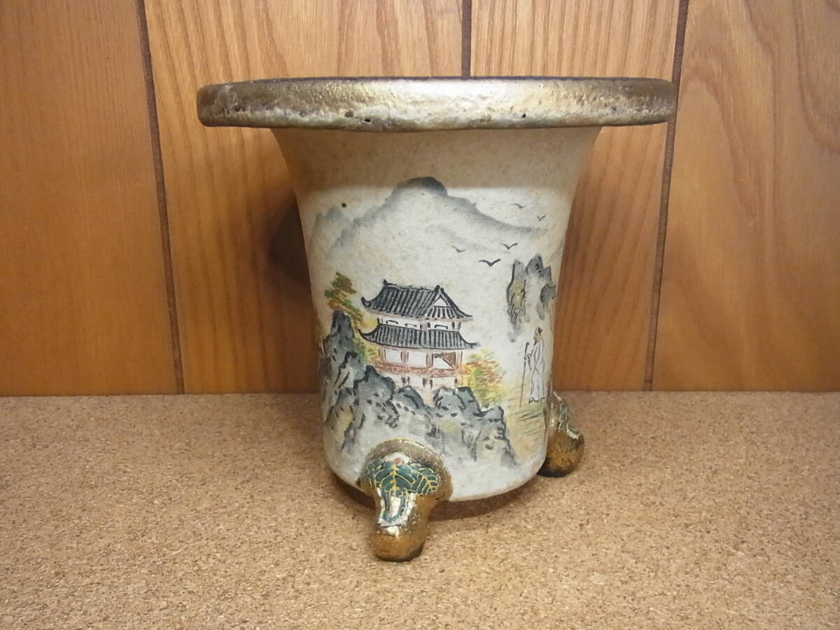 京楽焼 龍山 作「人物楼閣散水図」 金彩 蘭鉢 錦鉢 万年青鉢 