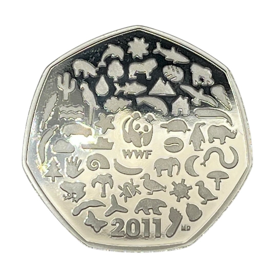 イギリス銀貨　50ペンス　WWF創立50周年記念　記念コイン　純銀　SV925　2011年　平成23年　約7.8ｇ　中古品　こねこ便420　蘇や(MMY407)
