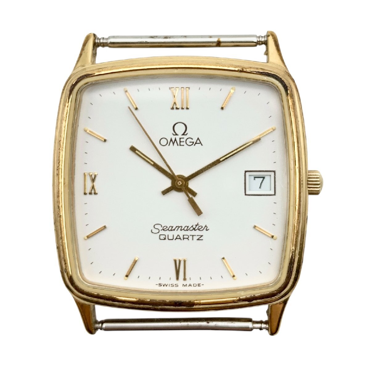 稼働 OMEGA オメガ 時計 腕時計 Seamaster シーマスター デイト スクエア 白文字盤 トップ クオーツ 中古品 コンパクトサイズ 蘇や(TPS109)
