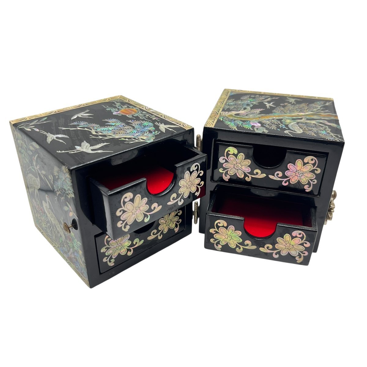 螺鈿細工　小物入れ　韓国伝統工芸　民芸品　ジュエリーボックス　インテリア　鶴　松　引き出し付き　中古品　60サイズ　蘇さ(MtY2762)