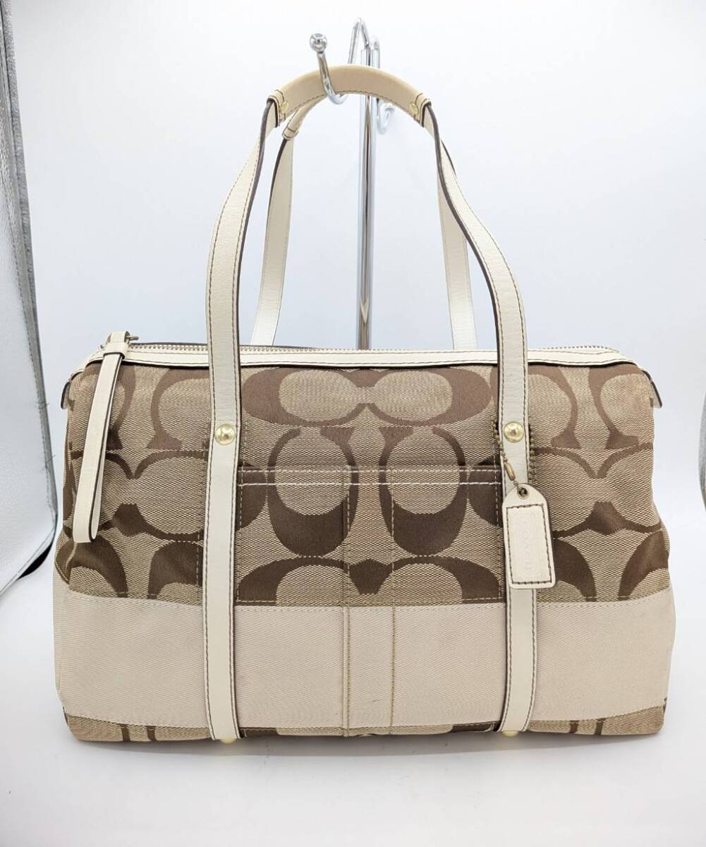 COACH コーチ シグネチャー ミニボストンバッグ キャンバス 総柄 ベージュ　縦21.5cm 横32cm マチ16cm　Y-1055