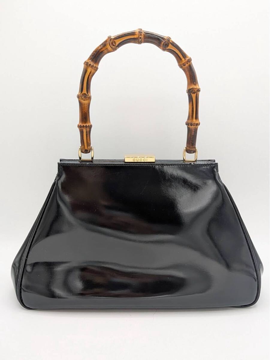 GUCCI グッチ バンブーハンドル ハンドバッグ エナメル ブラック 000.2046.0296 Y1-12174-UF10縦19cm 横31cm マチ9cm