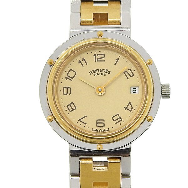 1円 不動 ジャンク エルメス HERMES クオーツ クリッパー アイボリー文字盤 SS/GP×SS/GP レディース 腕時計