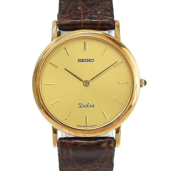 1円 不動 ジャンク セイコー SEIKO 8N40-6080 クオーツ ドルチェ ラウンド ゴールド文字盤 K18YG×レザー メンズ 腕時計 27.4ｇ