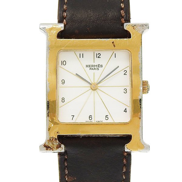 1円 稼働 エルメス HERMES HH1.501 クオーツ Hウォッチ 白文字盤 GP×レザー メンズ 腕時計