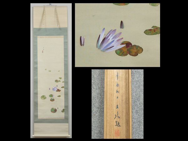【心庵】掛軸　石崎光瑤　絹本　水蓮図／肉筆　共箱　真作　師：竹内栖鳳　富山県　YK019