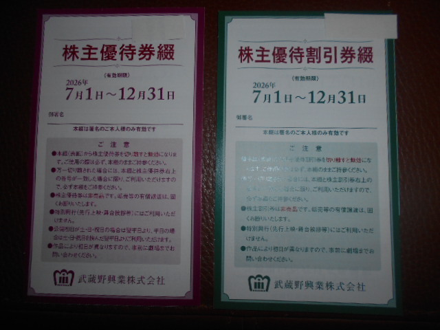 武蔵野興業　株主優待券４枚株主優待割引券８枚