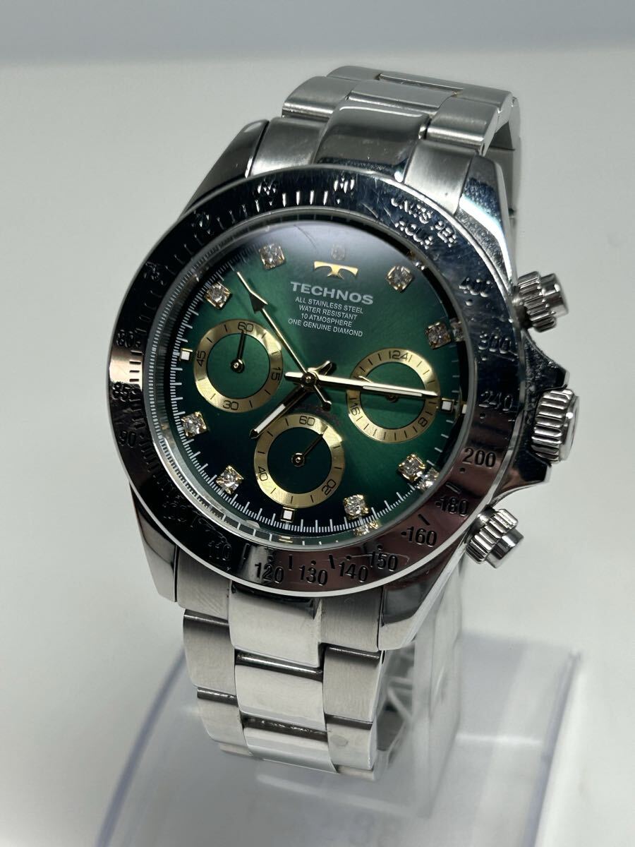173 ☆稼動品☆ TECHNOS テクノス CHRONOGRAPH クロノグラフ T4A66 グリーン文字盤 ステンレス 10BAR クォーツ メンズ 中古 腕時計 1円～