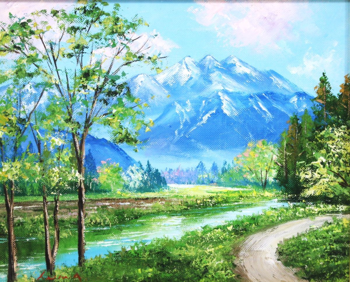 《真作》★丹羽 勇【爺ヶ岳】油彩.3号.額装＊現洋会＊応美会＊グループ展＊日本三百名山＊富山.長野県境の風景＊新緑＊インテリア＊[桃]