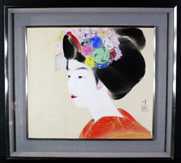 《模作》★山崎 豊【舞妓】(仮題) 日本画.8～10号相当.額装＊師 竹内栖鳳.川端龍子＊青龍展.帝展入選＊桜かんざし.美人＊京都.物故＊[桃]