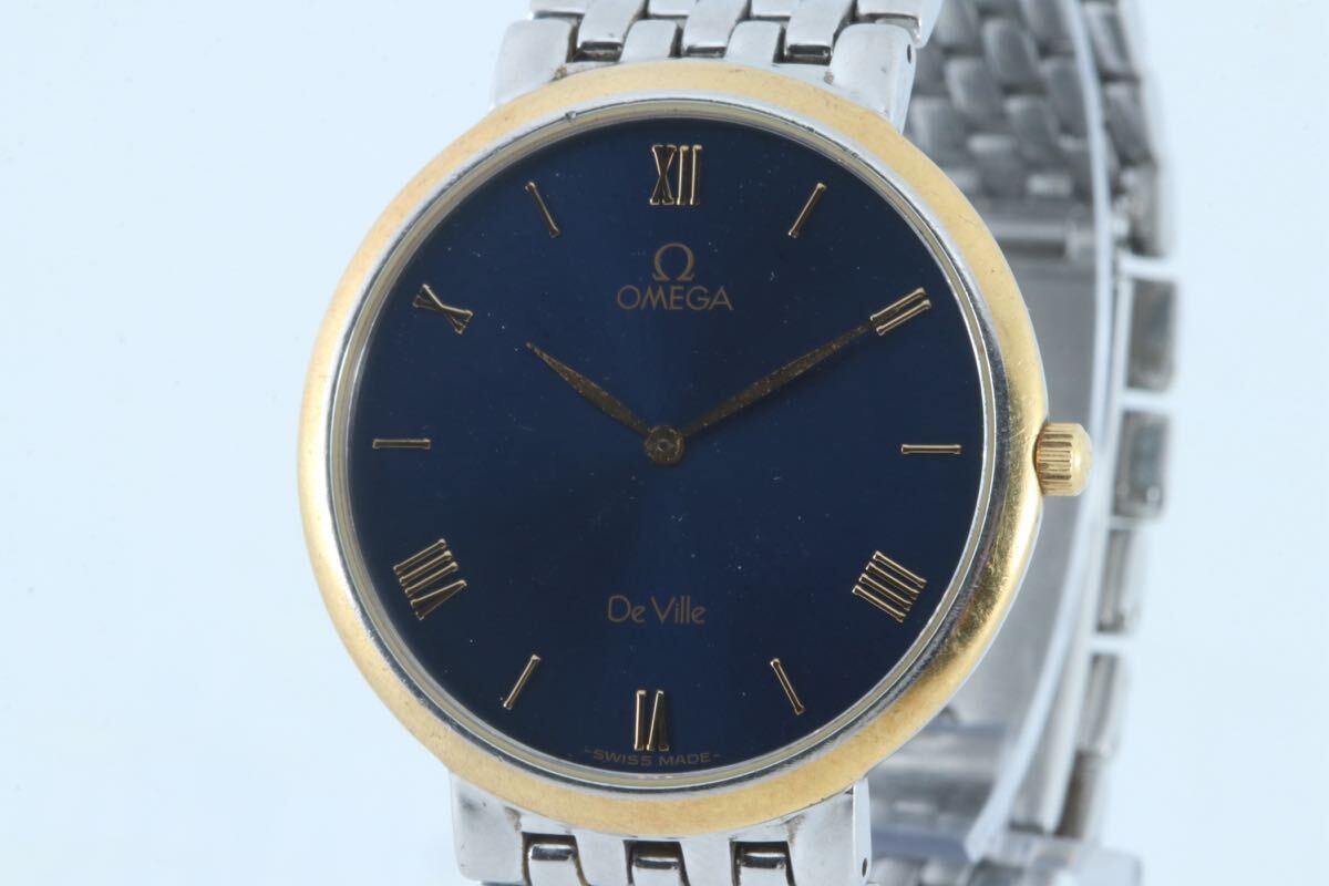 (綺麗)OMEGA オメガ DeVille デビル QZ ネイビー ローマ文字盤 ゴールド 腕時計 稼働 人気 レアカラー 資産