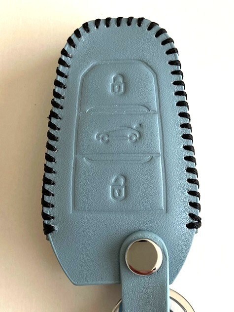 牛革ジャストに収まる プジョー スマートキーケース シトロエン パステルブルー色縫い糸黒 プジョー キーケース シトロエン キーケース 1